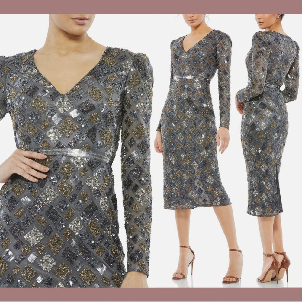 NWT $498 Mac Duggal [ 16 ] Geo‎ Embellished Midi Sheath Dress Charcoal Grey